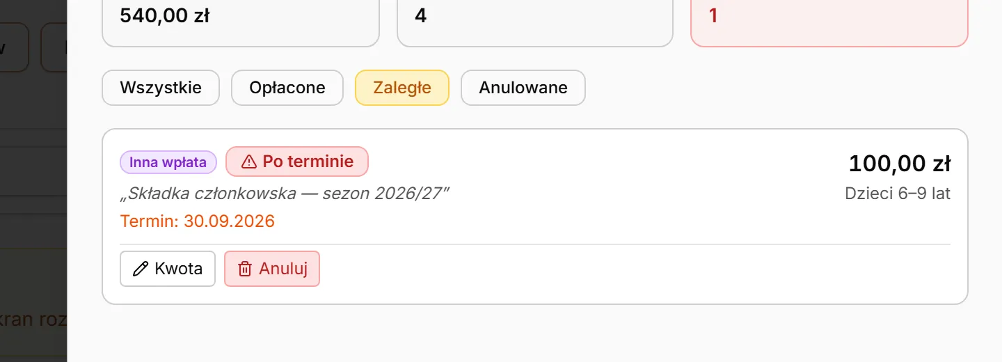 Historia płatności — filtr Zaległe
