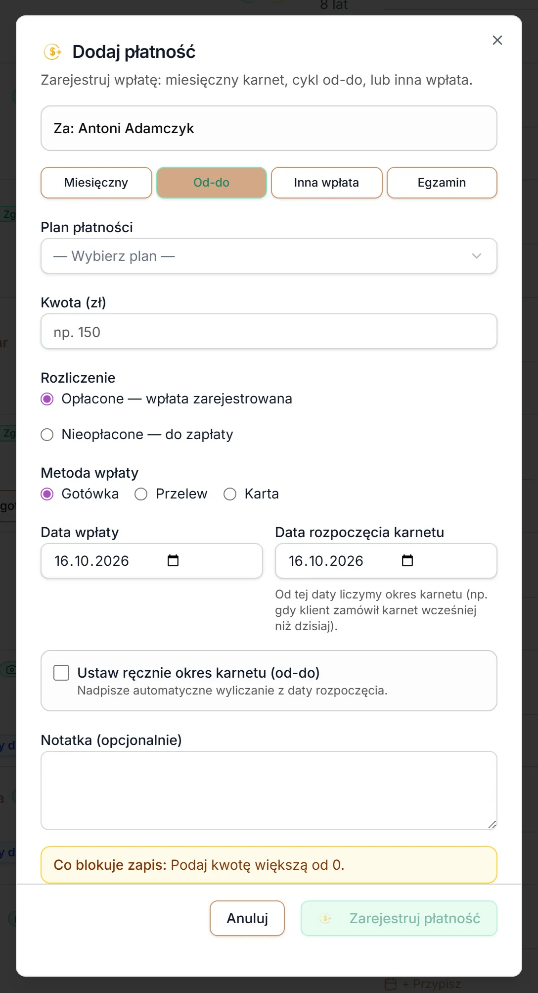 Dodaj płatność — zakładka Od-do