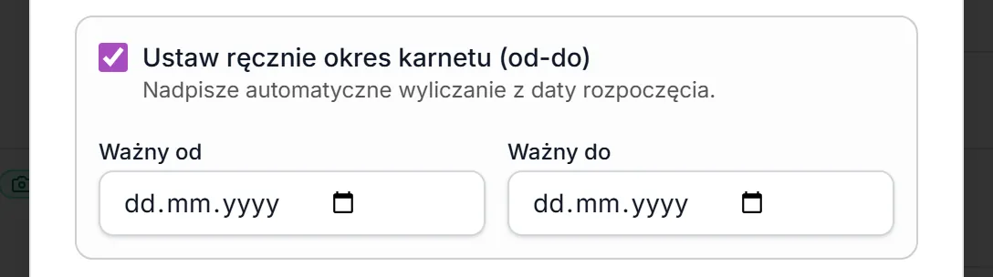 Dodaj płatność — ręczny okres karnetu