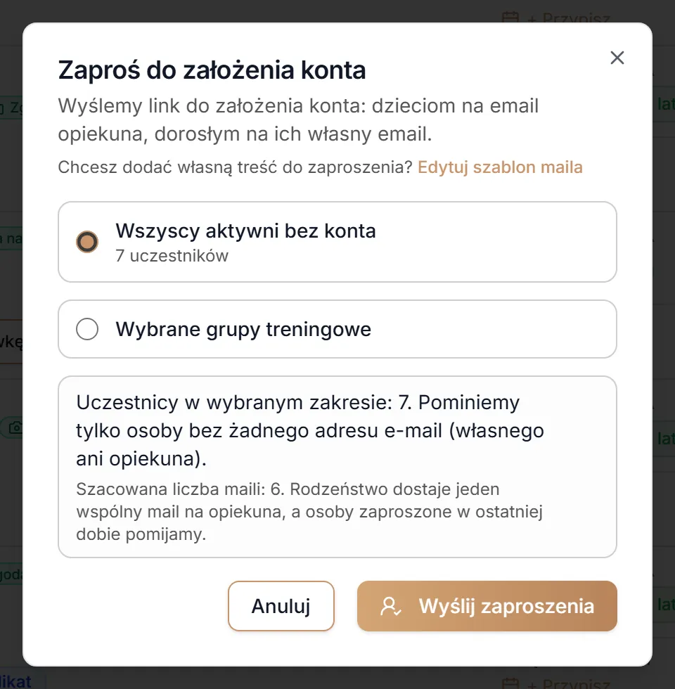 Zaproszenia — wszyscy aktywni bez konta