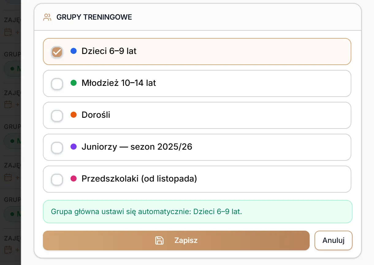 Edycja grup w szybkim podglądzie — jedna grupa