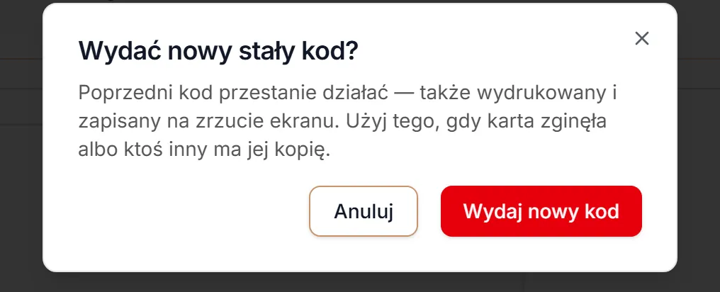Potwierdzenie wydania nowego stałego kodu