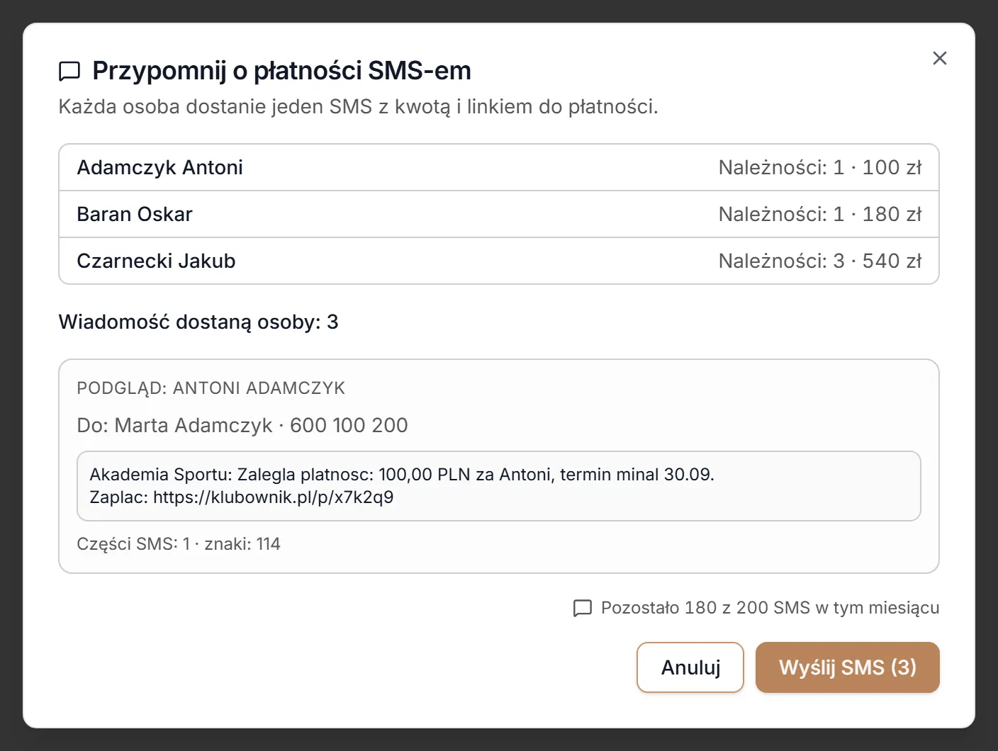 Okno przypomnienia SMS