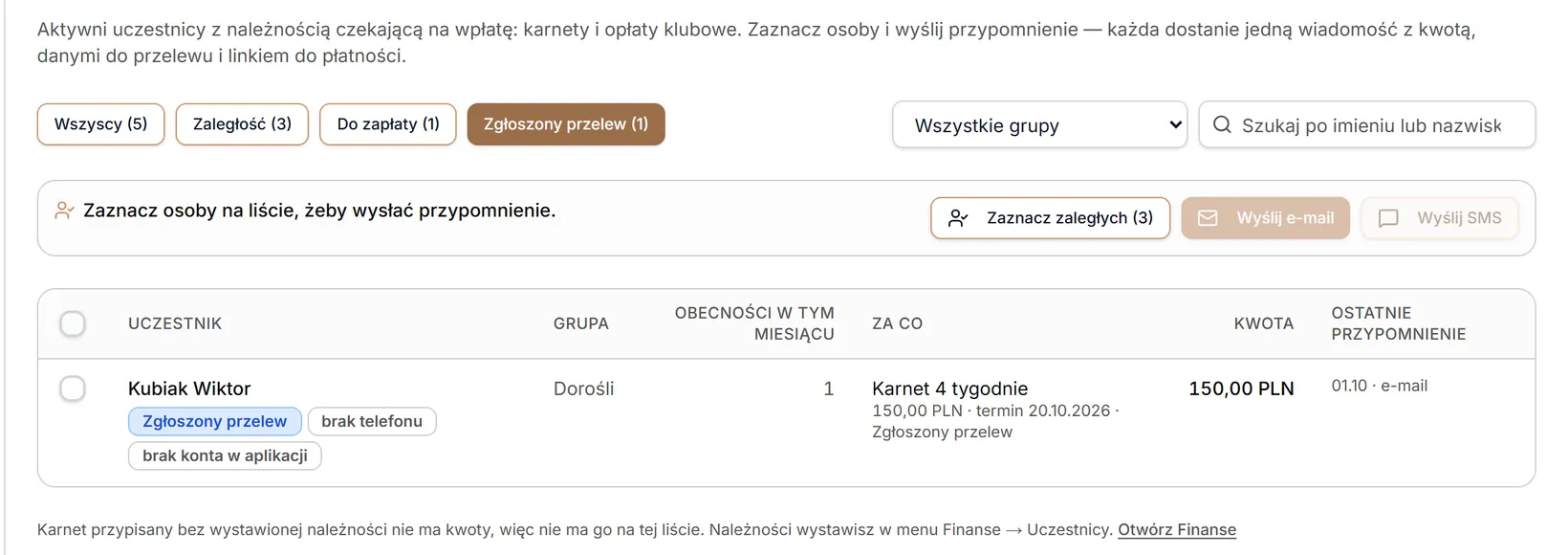 Do zapłaty — filtr Zgłoszony przelew