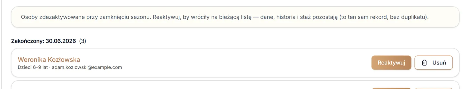 Zakładka Poprzednie sezony
