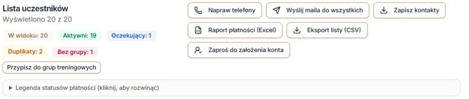 Liczniki, przyciski nad listą, przypisywanie grup i legenda