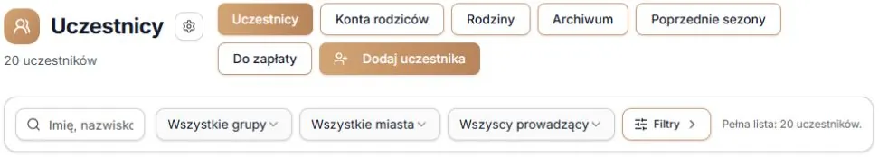 Zakładki, Dodaj uczestnika, wyszukiwarka, grupa, miasto, prowadzący i przycisk Filtry