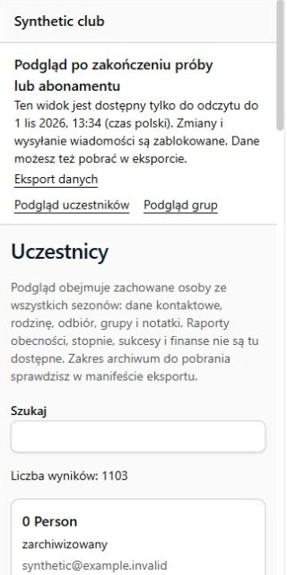 Fragment listy tylko do odczytu na telefonie: termin, dostęp do eksportu, zakres danych i wyszukiwanie. Dane przykładowe.