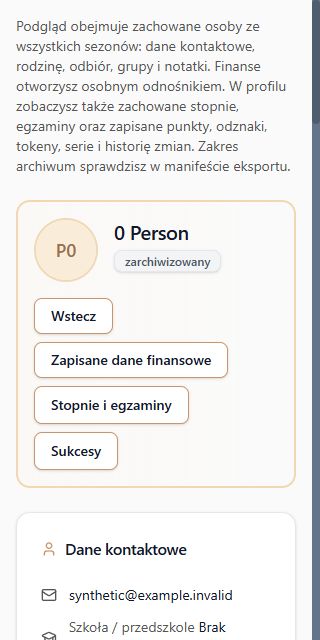 Fragment karty tylko do odczytu: opis zakresu, osoba ze statusem archiwalnym oraz odnośniki do finansów, stopni i Sukcesów. Brak edycji i szybkich akcji. Dane przykładowe.