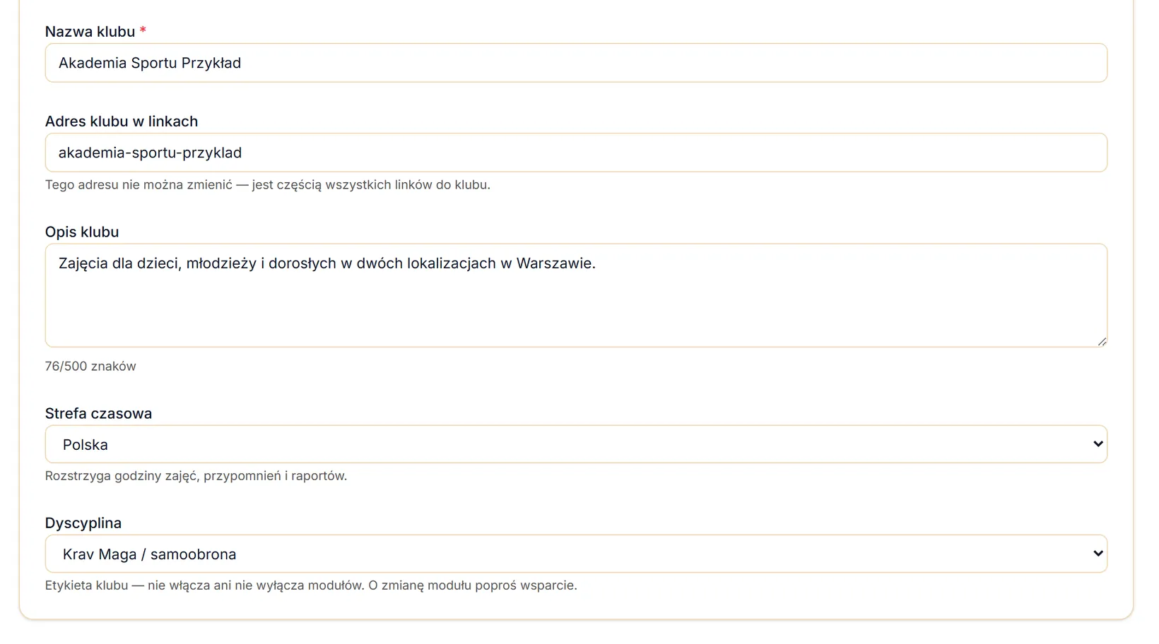 Nazwa, adres w linkach, opis, strefa czasowa i dyscyplina