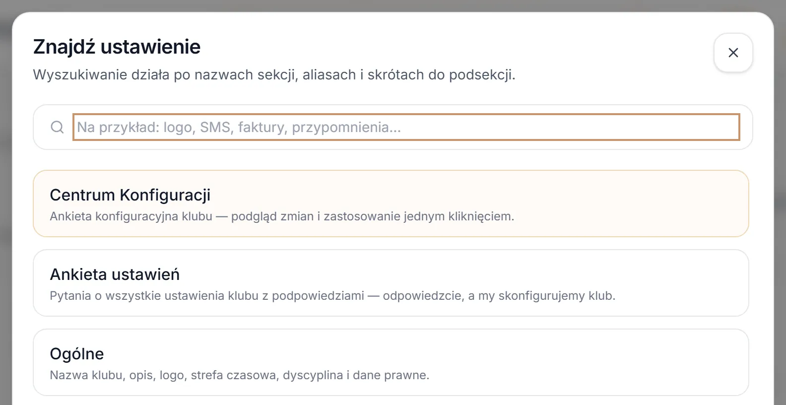 Wyszukiwarka ustawień bez wpisanego tekstu