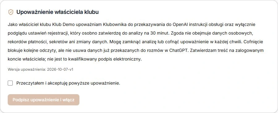 Upoważnienie właściciela klubu — przeczytaj treść i zatwierdź ją na swoim koncie