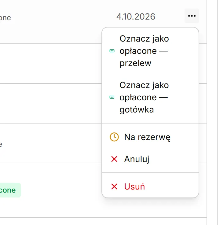 Menu zapisu nieopłaconego