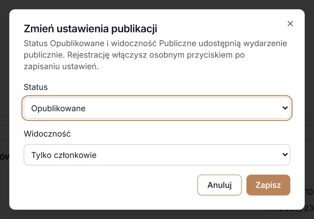 Okno Zmień ustawienia publikacji