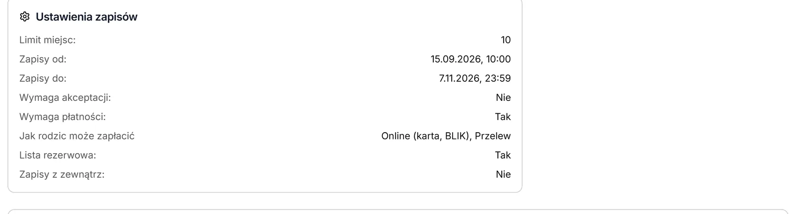 Podsumowanie ustawień zapisów