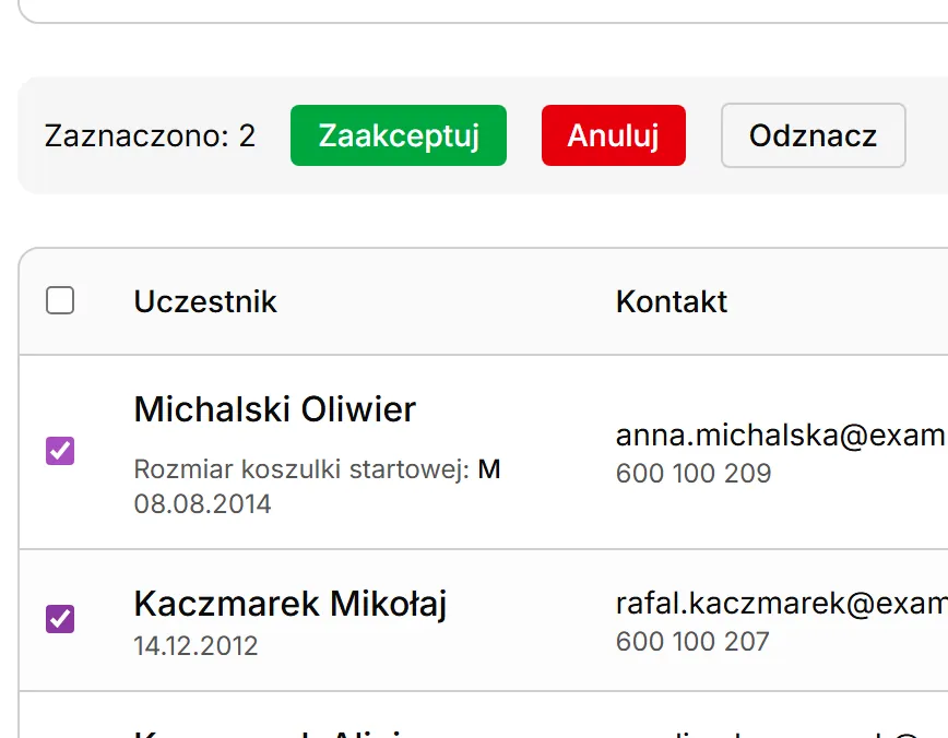 Pasek akcji dla zaznaczonych zapisów
