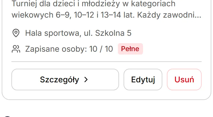 Karta turnieju — miejsce, zapisani i przyciski
