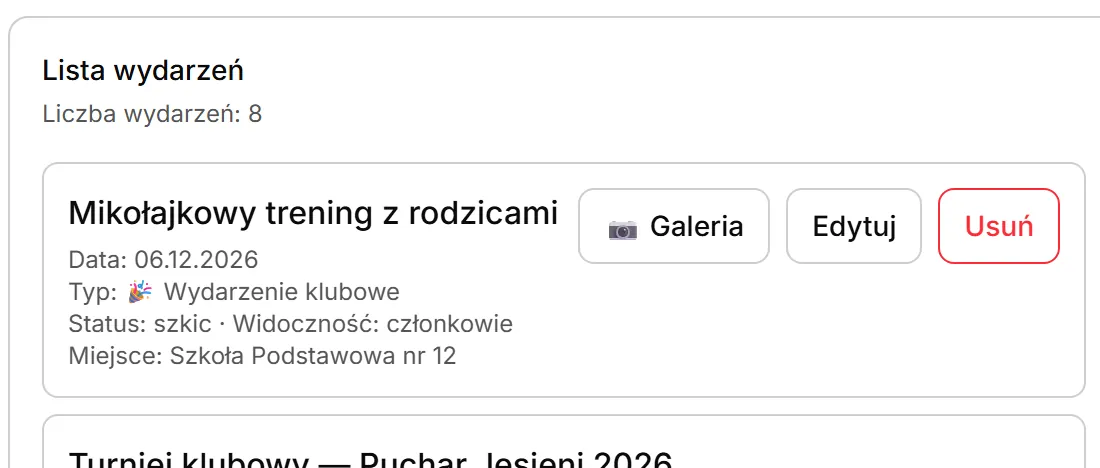 Wiersz wydarzenia w zakładce Zarządzaj