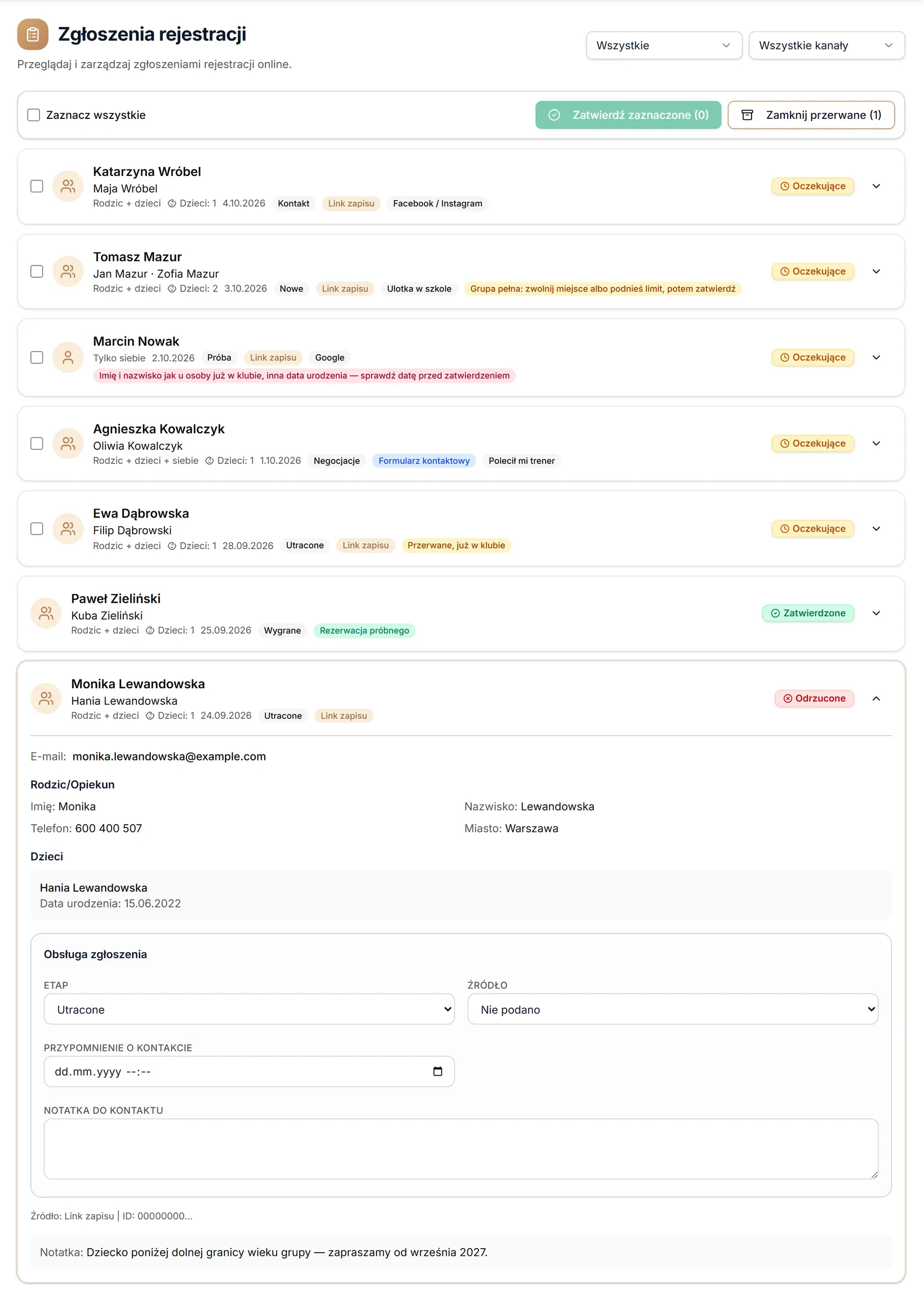 Odrzucone zgłoszenie z powodem